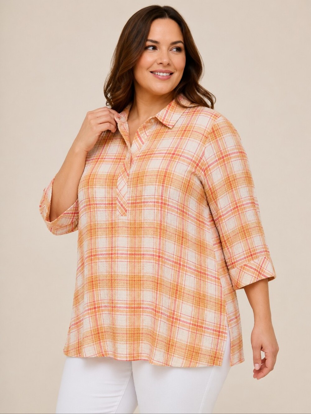 Susan Graver 1X Plaid Tunic Top Orange Peach Button Back 3/4 Sleeve Blouse.